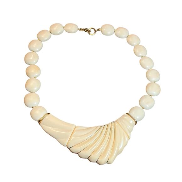Vintage 80s Cream Statement Necklace Fan Pendant Beads Art Deco Style - Picture 1 of 8